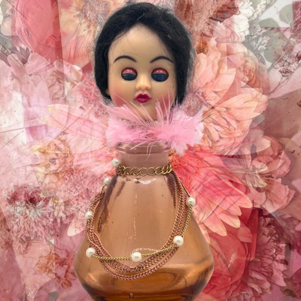Upcycled Vintage Perfume Bottle Doll Head | Altered Art Cute Boudoir Decor